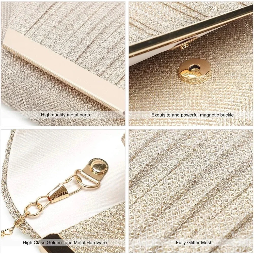 Evening Blingy Clutch Champagne Gold Pleated Glitter Mesh | Chain for Shoulder